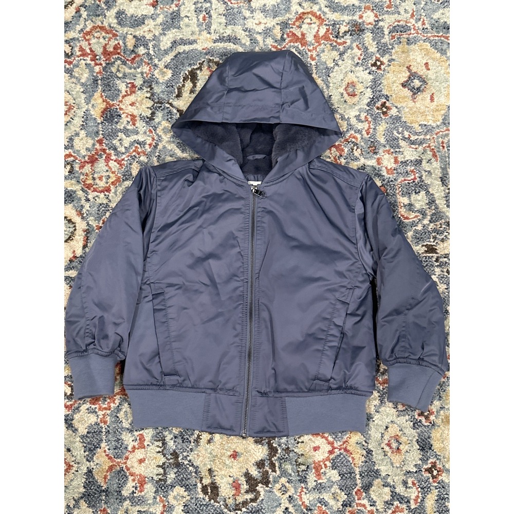 Abercrombie Kids Hooded Bomber Jacket Boys 5/6 Navy Blue Faux Fur Lined EUC
